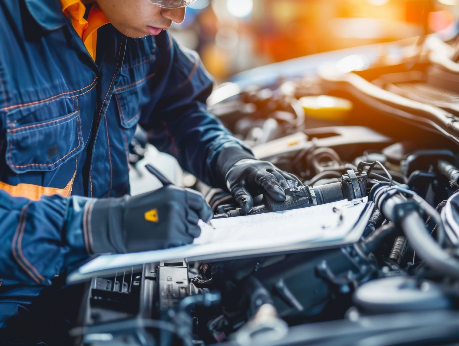 Commercial vehicle inspection trained service expert at Universal Fleet conducting a check on the engine of a client’s fleet vehicle